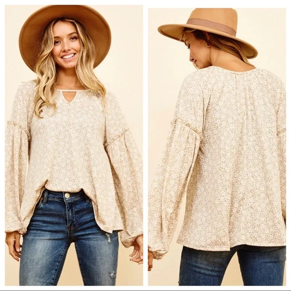 #27 Boho chic Floral Print Lantern Sleeves Top - Picture 5 of 5